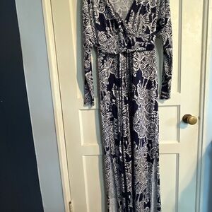 Navy and White Zebra Leaf Print Maxi Dress